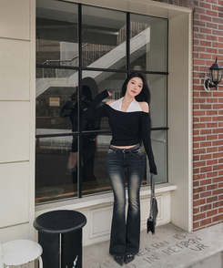 ウォッシュスリムブーツカットデニムパンツ DEEP DENIM