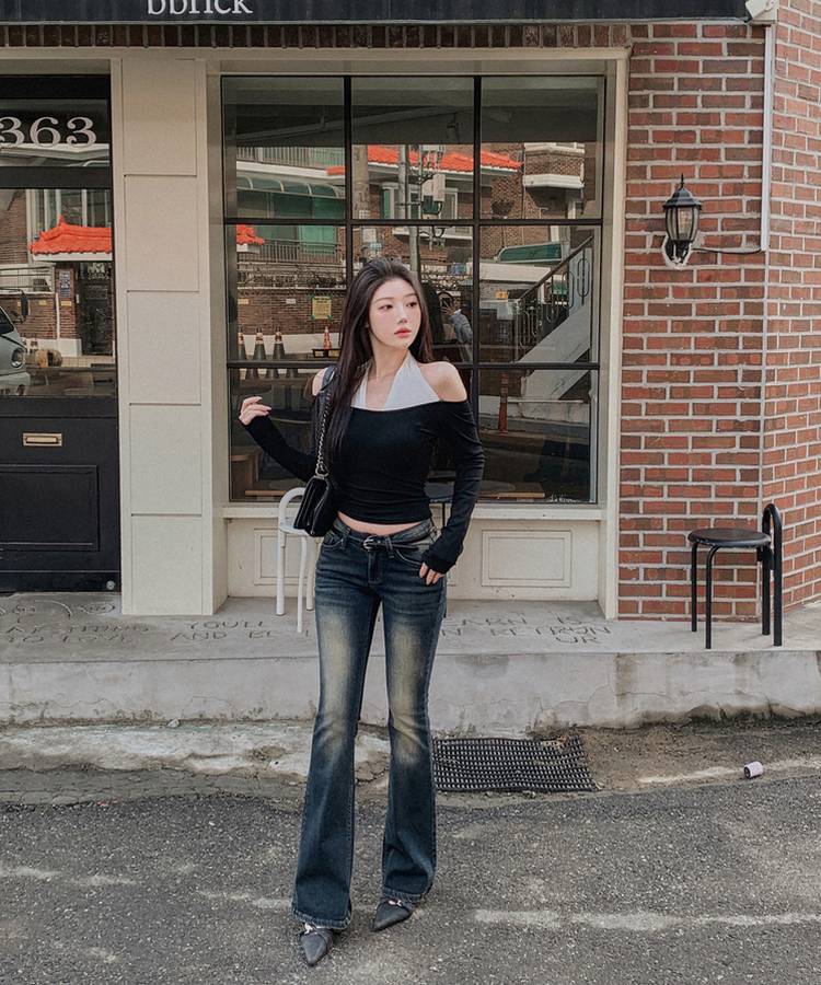 ウォッシュスリムブーツカットデニムパンツ DEEP DENIM