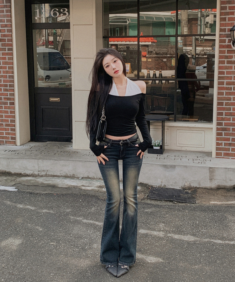 ウォッシュスリムブーツカットデニムパンツ DEEP DENIM