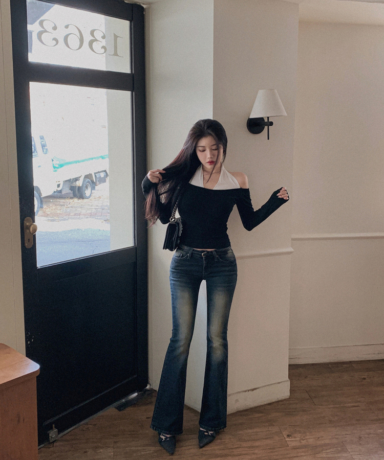 ウォッシュスリムブーツカットデニムパンツ DEEP DENIM