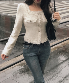 パールツイードゴールドノーカラージャケット IVORY