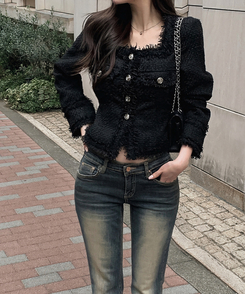 パールツイードゴールドノーカラージャケット BLACK