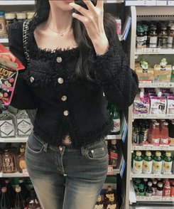 パールツイードゴールドノーカラージャケット BLACK