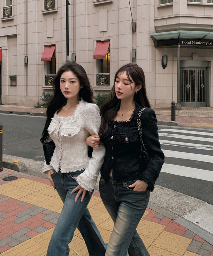 パールツイードゴールドノーカラージャケット BLACK