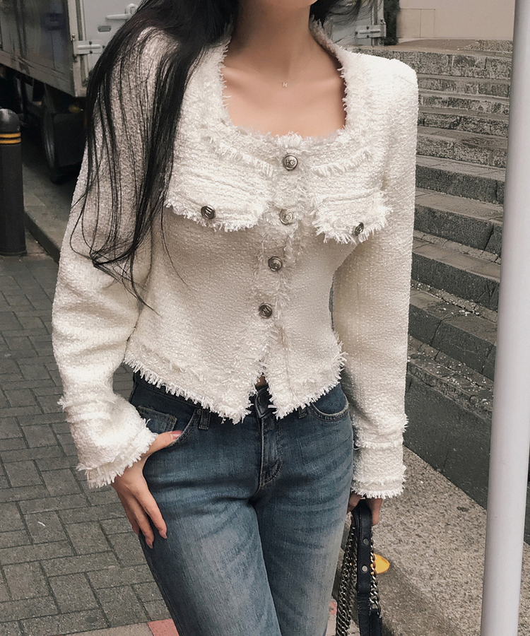 パールツイードゴールドノーカラージャケット IVORY