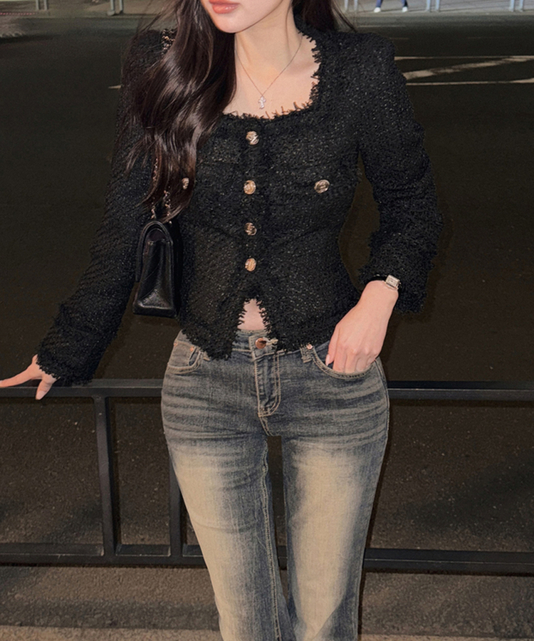 パールツイードゴールドノーカラージャケット BLACK