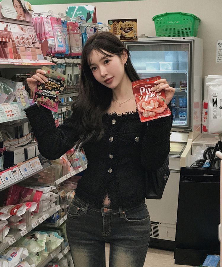 パールツイードゴールドノーカラージャケット BLACK