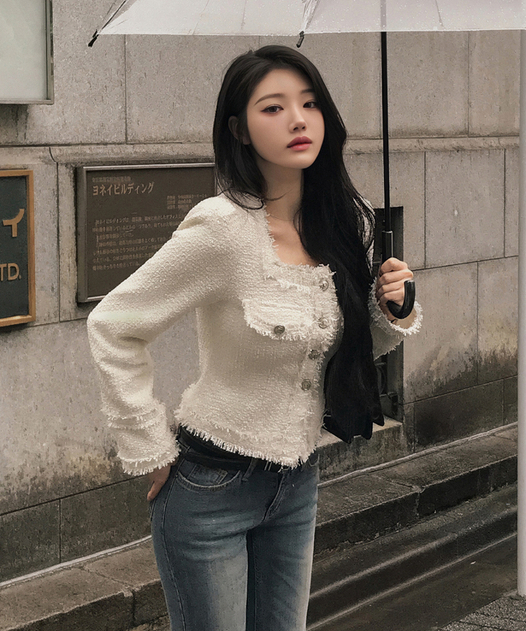 パールツイードゴールドノーカラージャケット IVORY