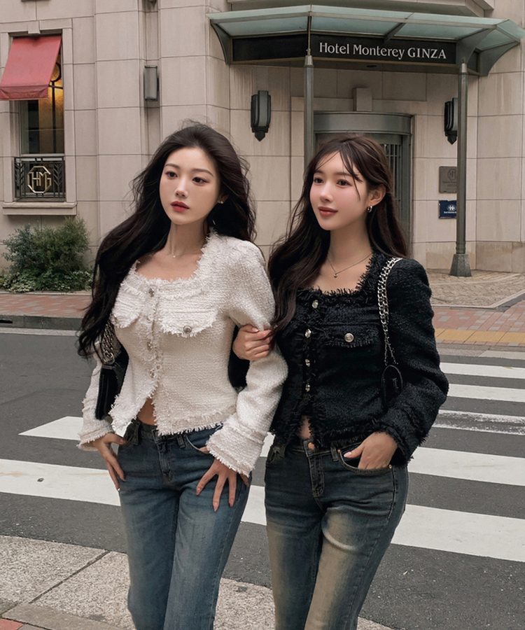 パールツイードゴールドノーカラージャケット IVORY