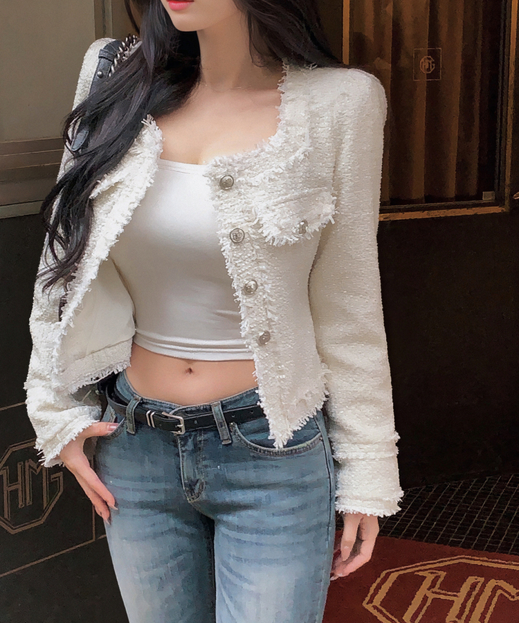 パールツイードゴールドノーカラージャケット IVORY