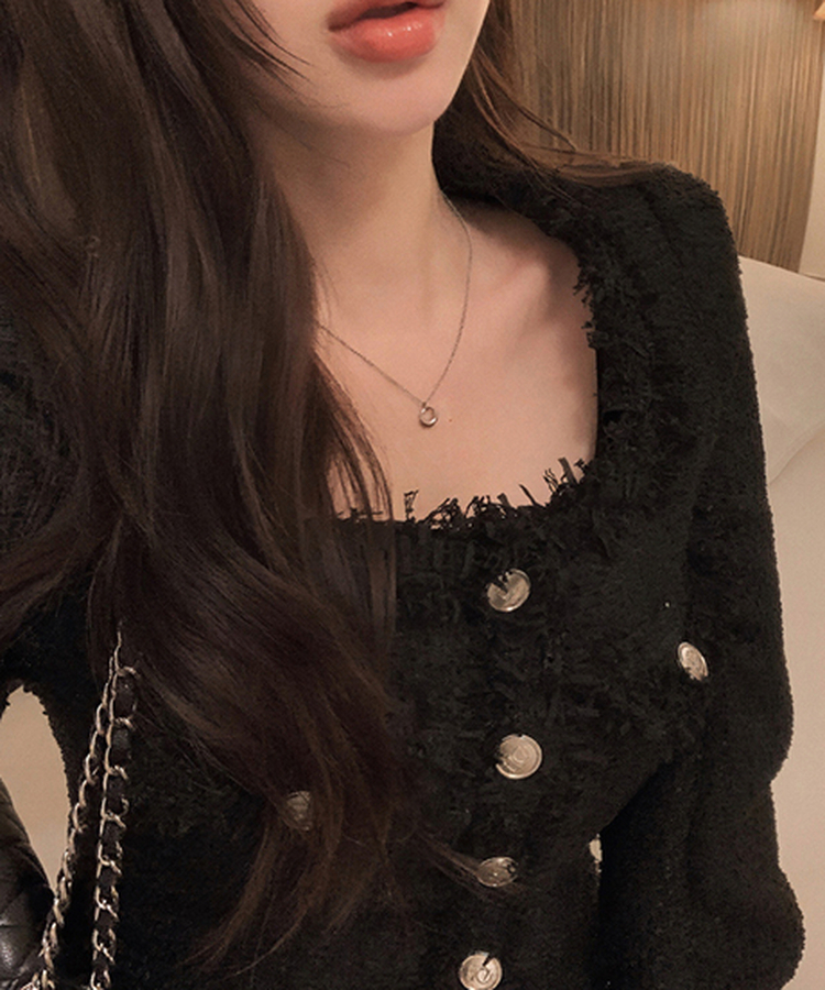 パールツイードゴールドノーカラージャケット BLACK