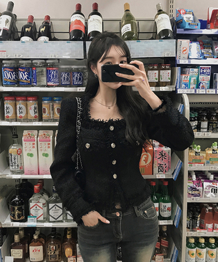 パールツイードゴールドノーカラージャケット BLACK