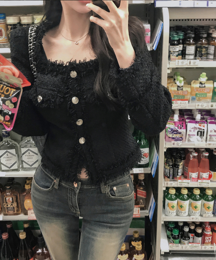 パールツイードゴールドノーカラージャケット BLACK