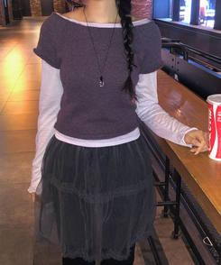 Uネックレイヤード半袖ニット PURPLE