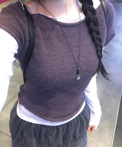 Uネックレイヤード半袖ニット PURPLE