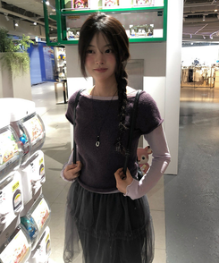 Uネックレイヤード半袖ニット PURPLE