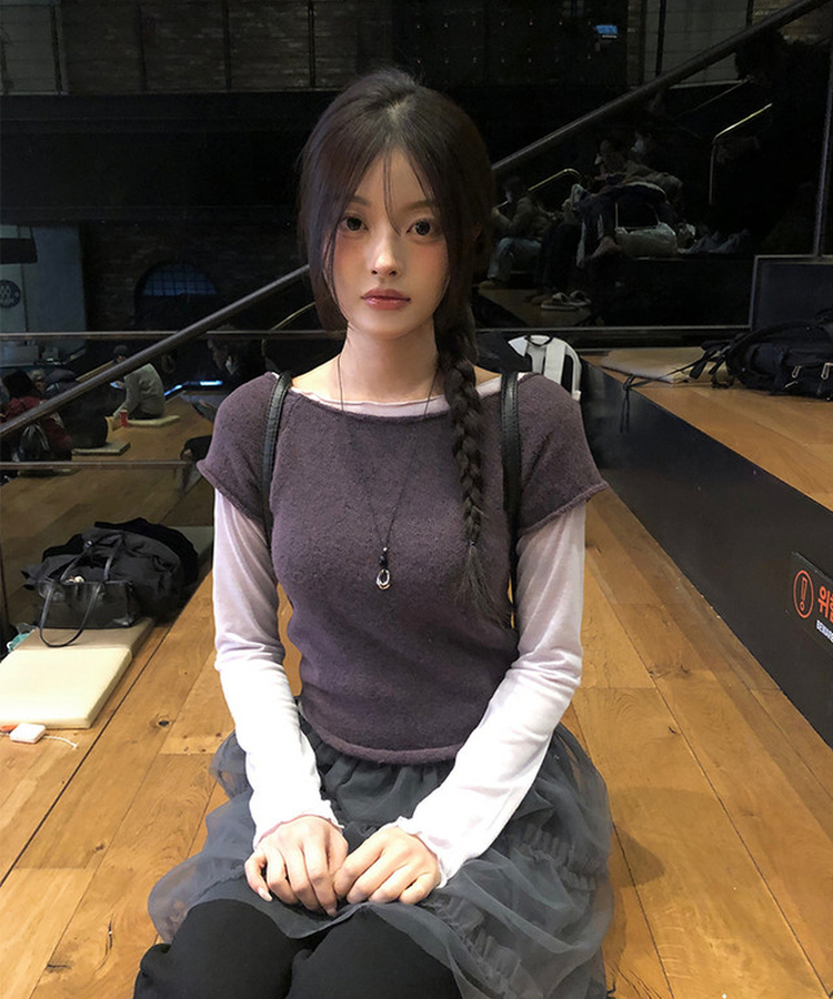 Uネックレイヤード半袖ニット PURPLE