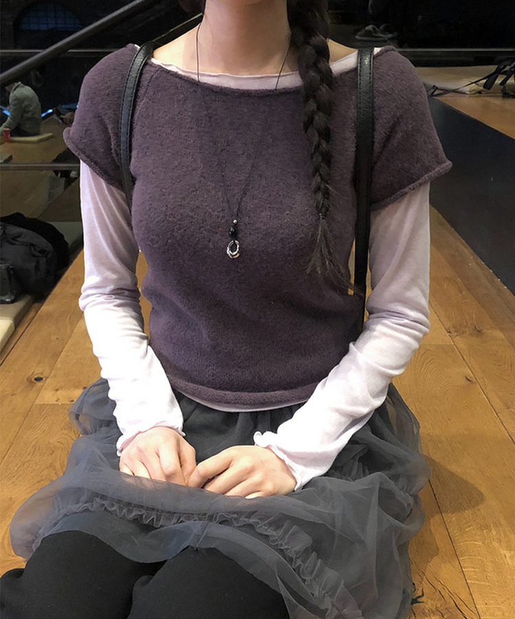 Uネックレイヤード半袖ニット PURPLE