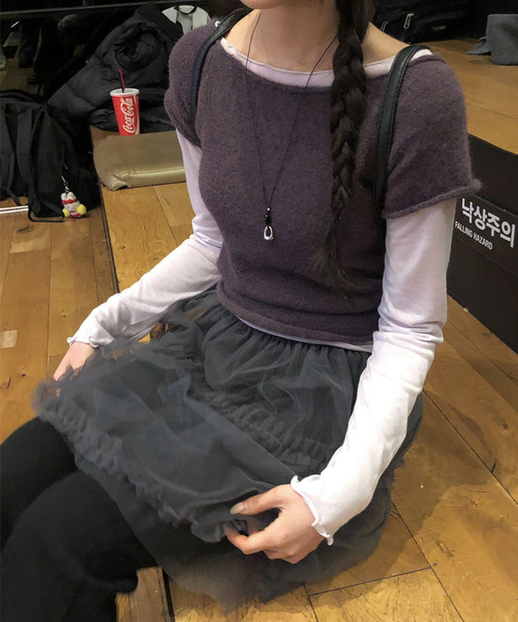 Uネックレイヤード半袖ニット PURPLE