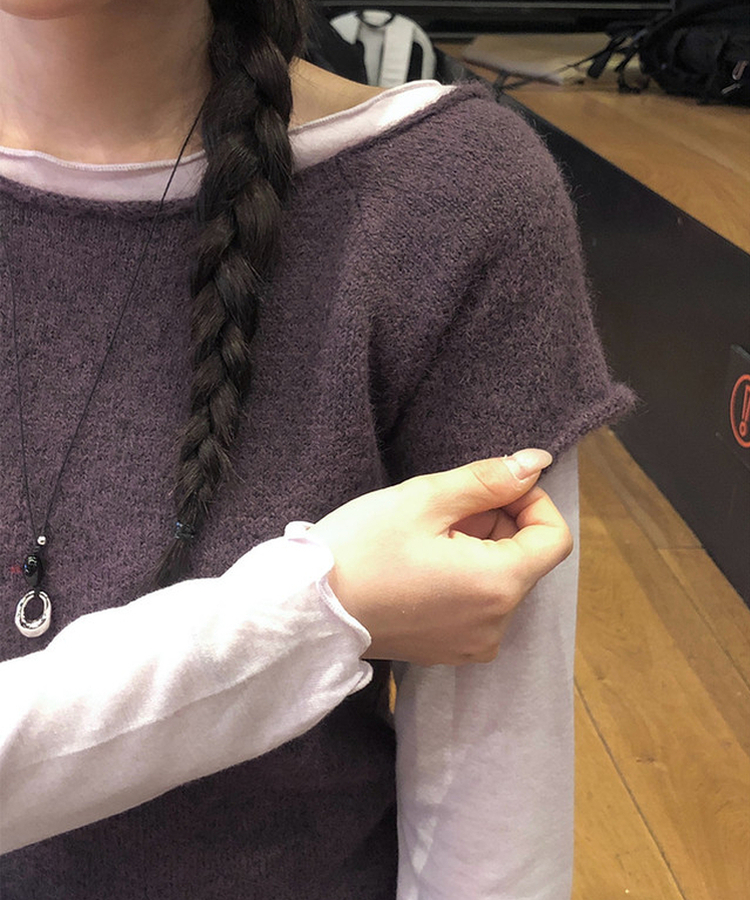 Uネックレイヤード半袖ニット PURPLE