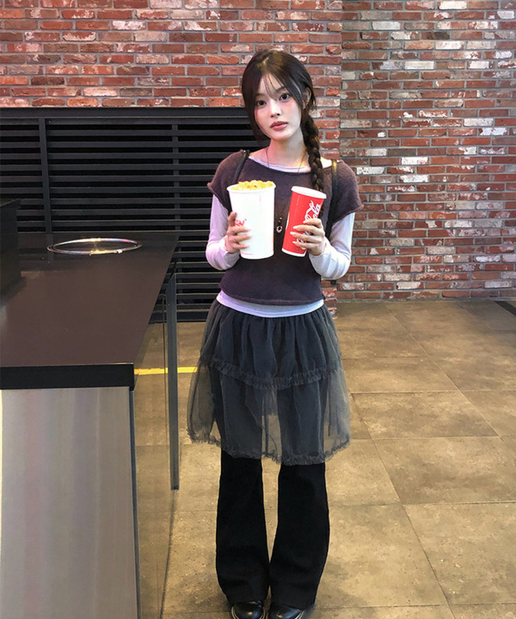 Uネックレイヤード半袖ニット PURPLE