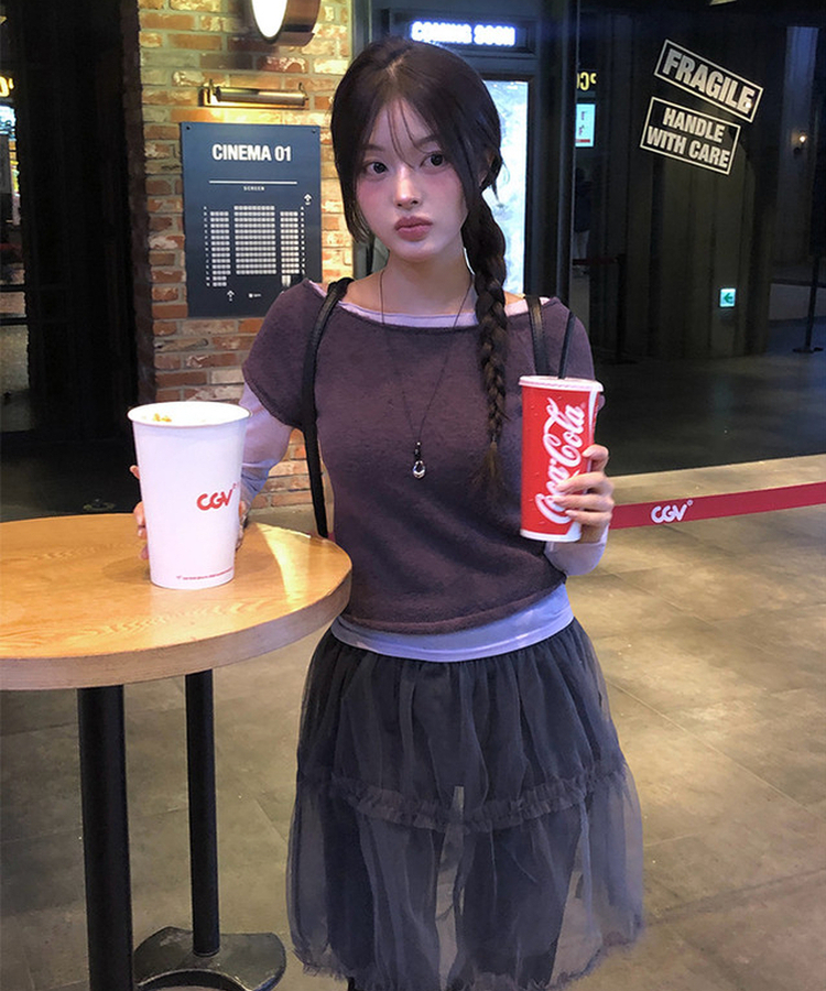 Uネックレイヤード半袖ニット PURPLE