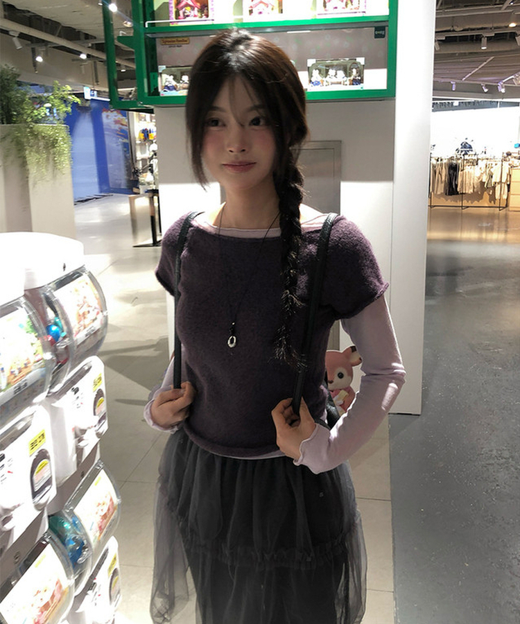 Uネックレイヤード半袖ニット PURPLE