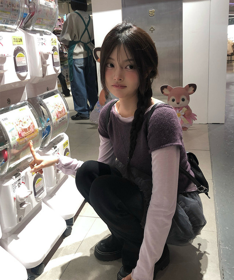 Uネックレイヤード半袖ニット PURPLE