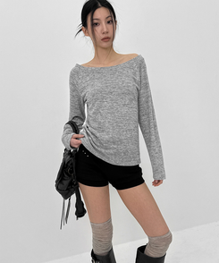オフショルダーボタン長袖Tシャツ MELANGE GRAY