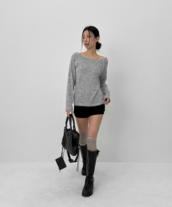 オフショルダーボタン長袖Tシャツ MELANGE GRAY