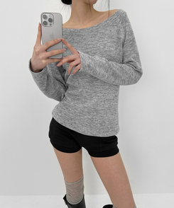オフショルダーボタン長袖Tシャツ MELANGE GRAY