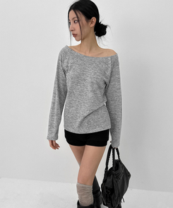 オフショルダーボタン長袖Tシャツ MELANGE GRAY