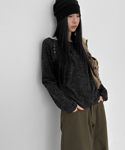 オフショルダーボタン長袖Tシャツ Melange Charcoal