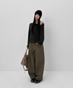 オフショルダーボタン長袖Tシャツ Melange Charcoal