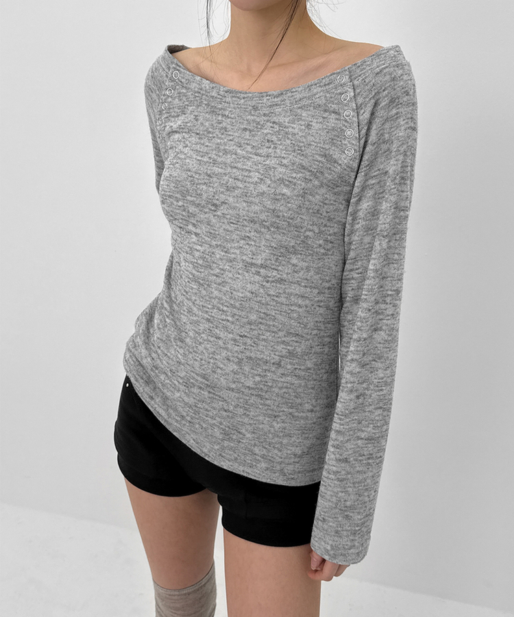 オフショルダーボタン長袖Tシャツ MELANGE GRAY