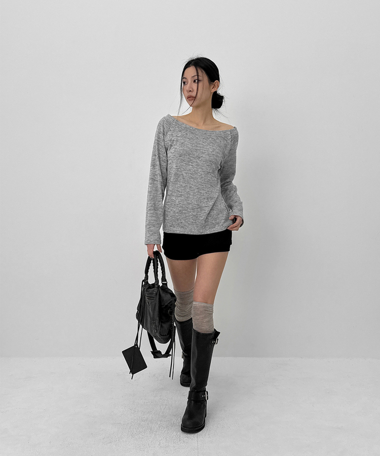 オフショルダーボタン長袖Tシャツ MELANGE GRAY