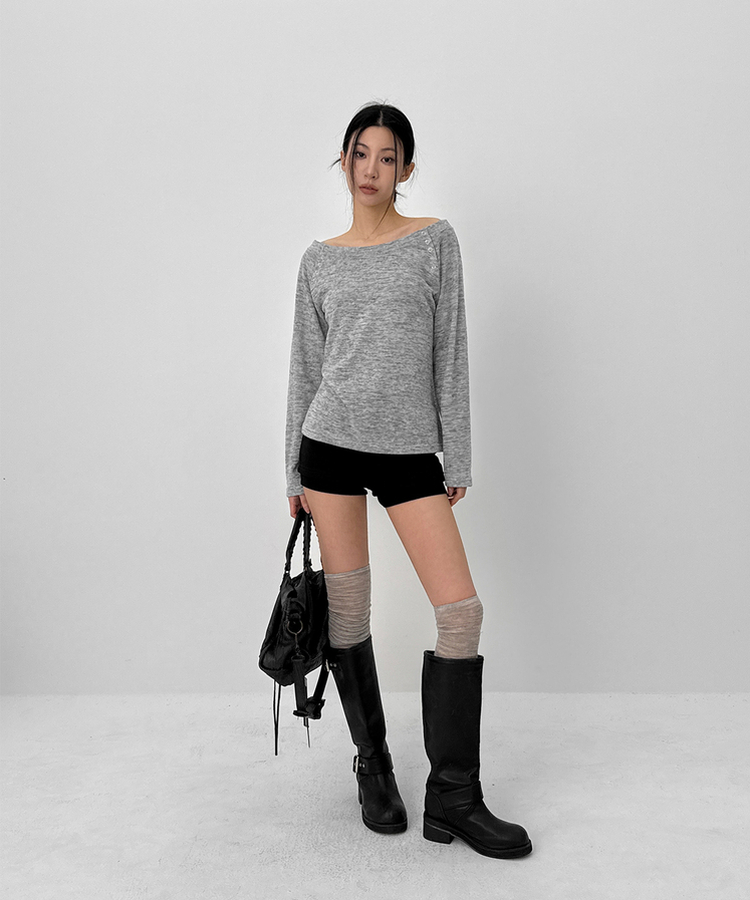 オフショルダーボタン長袖Tシャツ MELANGE GRAY