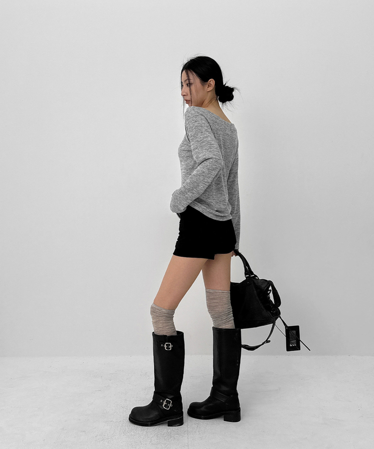 オフショルダーボタン長袖Tシャツ MELANGE GRAY