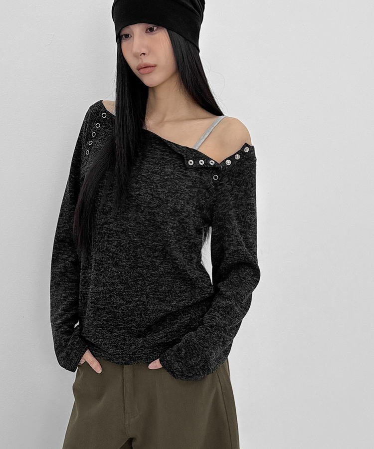 オフショルダーボタン長袖Tシャツ Melange Charcoal