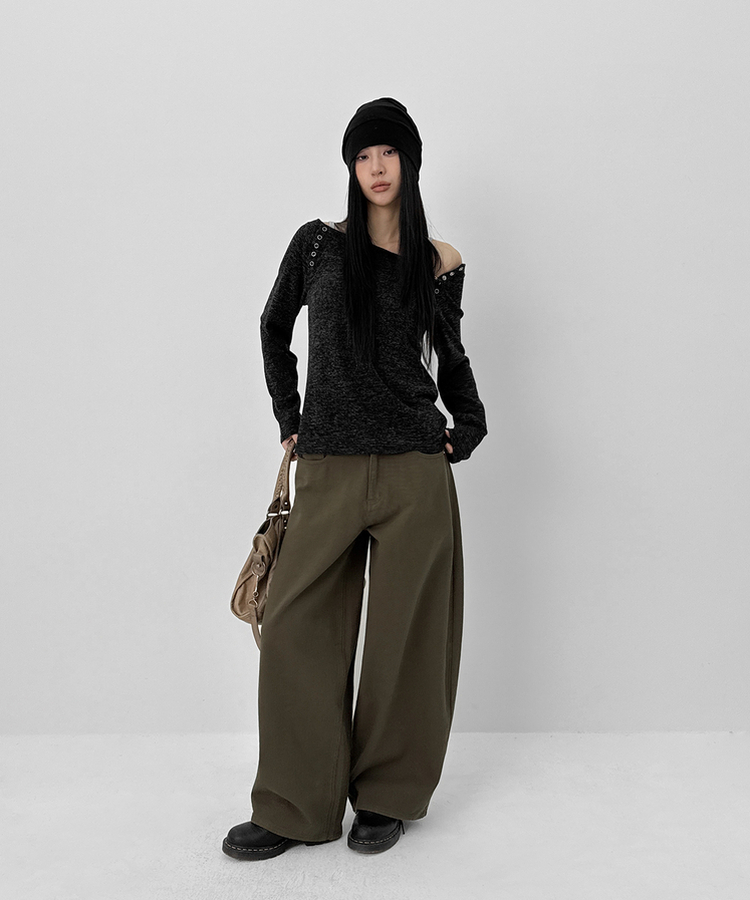 オフショルダーボタン長袖Tシャツ Melange Charcoal