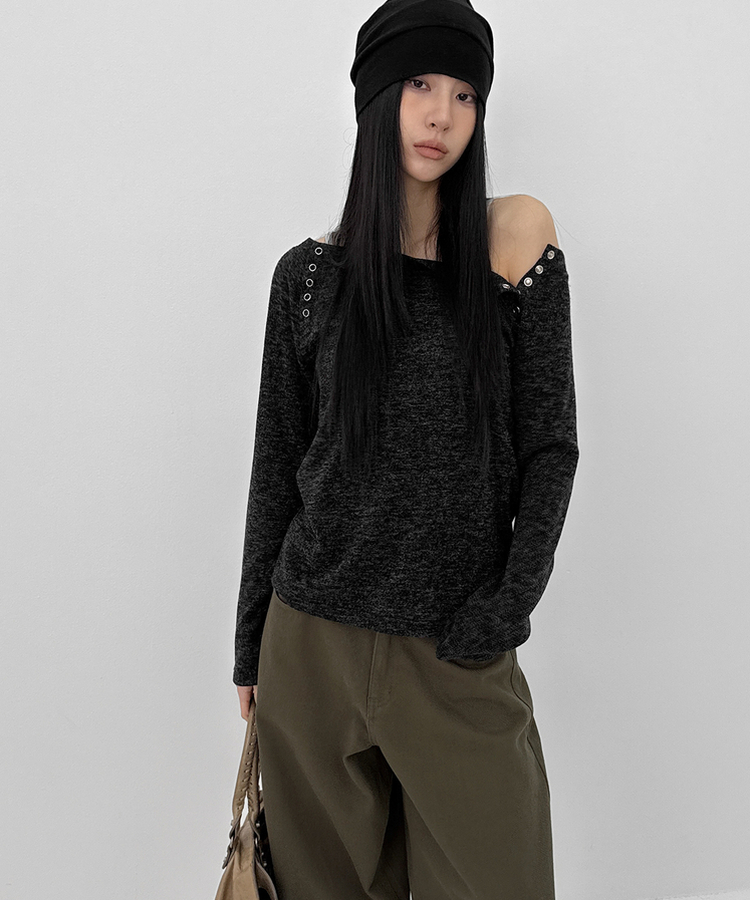 オフショルダーボタン長袖Tシャツ Melange Charcoal