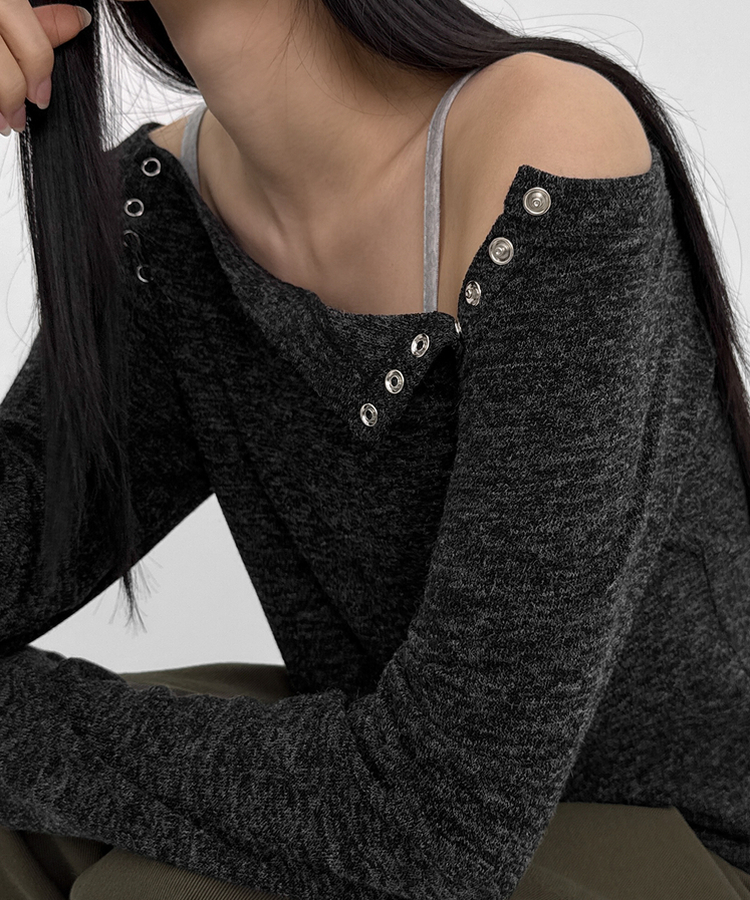オフショルダーボタン長袖Tシャツ Melange Charcoal