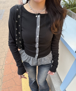 【注文殺到!❤️MADE】チェックフリルカーディガン BLACK