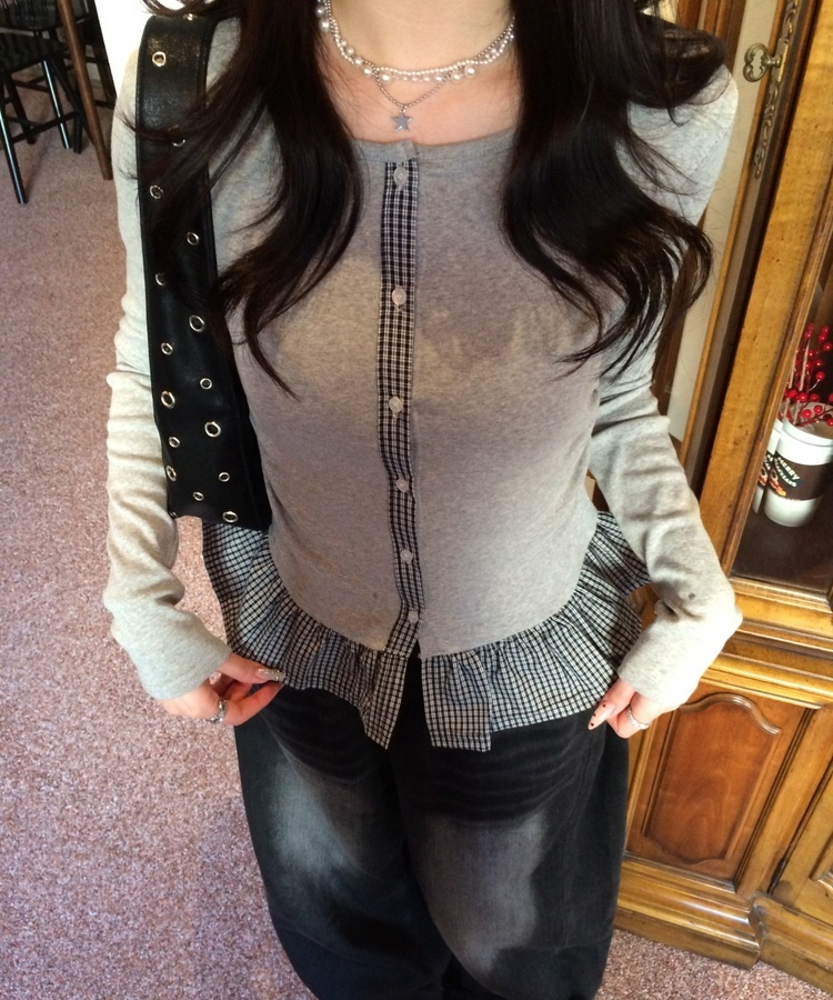 【❤️MADE】체크 프릴 가디건 그레이