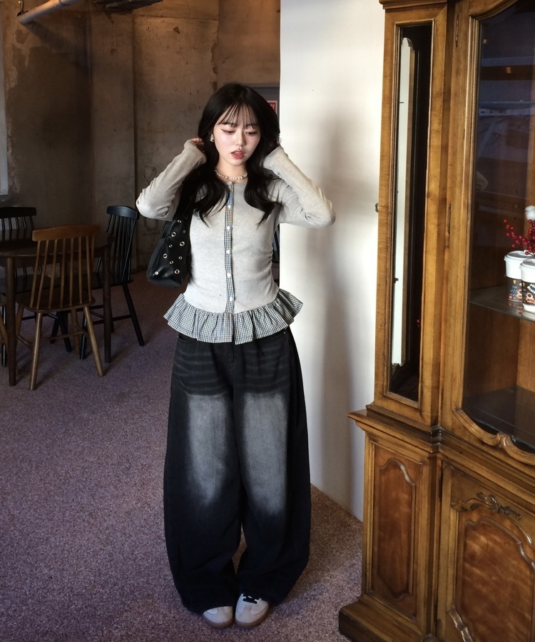 【❤️MADE】체크 프릴 가디건 그레이