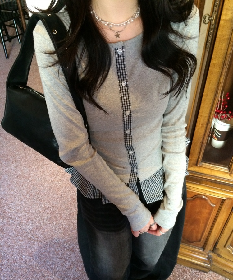 【❤️MADE】체크 프릴 가디건 그레이
