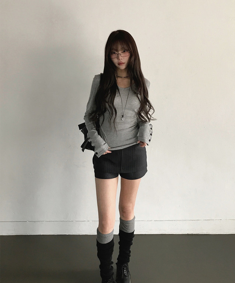 Vネックデイリー長袖Tシャツ(7color) MERANGE GRAY