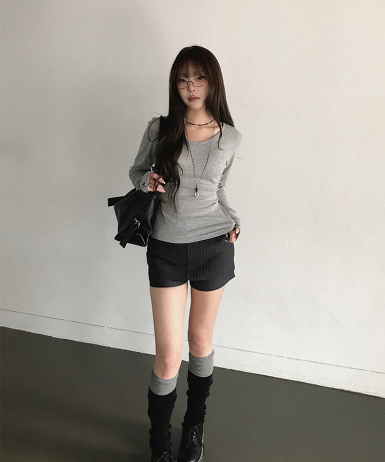 Vネックデイリー長袖Tシャツ(7color) MERANGE GRAY