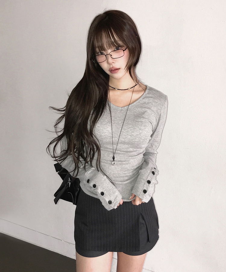 Vネックデイリー長袖Tシャツ(7color) MERANGE GRAY