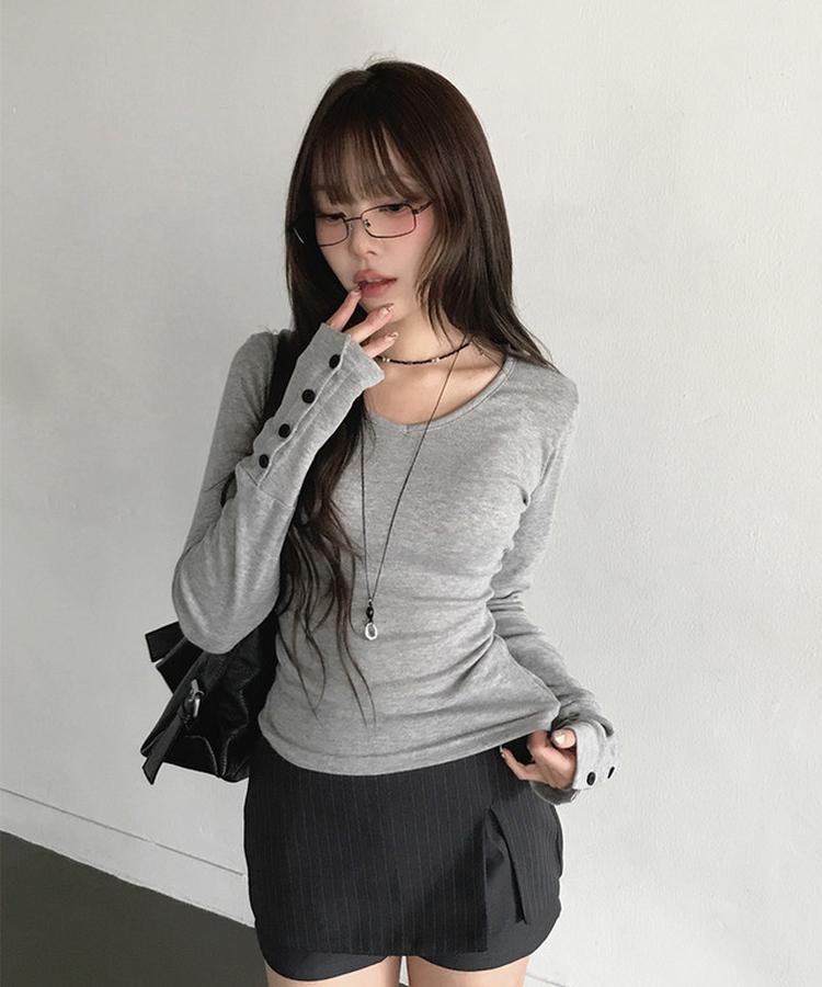 Vネックデイリー長袖Tシャツ(7color) MERANGE GRAY